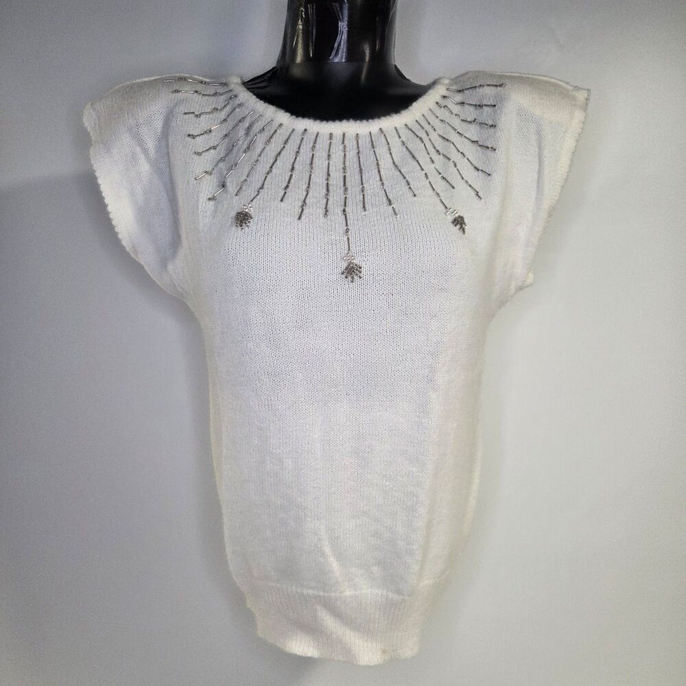 Vintage Knit Sweater Beaded Short Sleeve Top Large